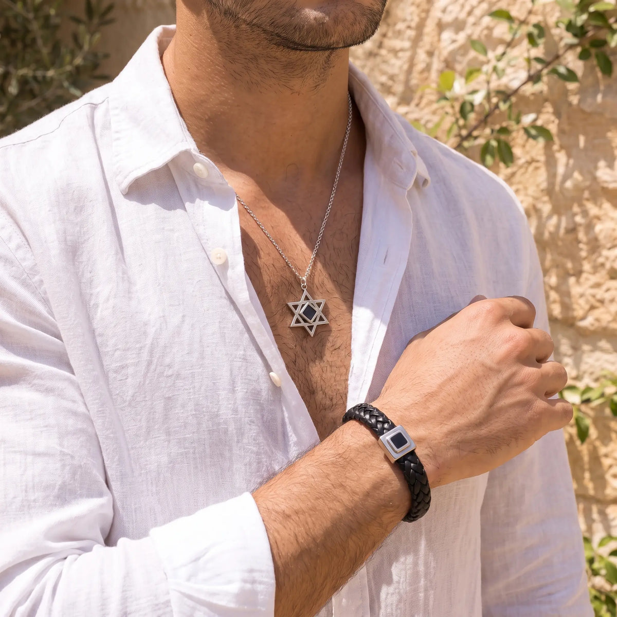 סט פאוור לגבר - צמיד מעוז ושרשרת מגן דוד עם שבב ננו תנ״ך